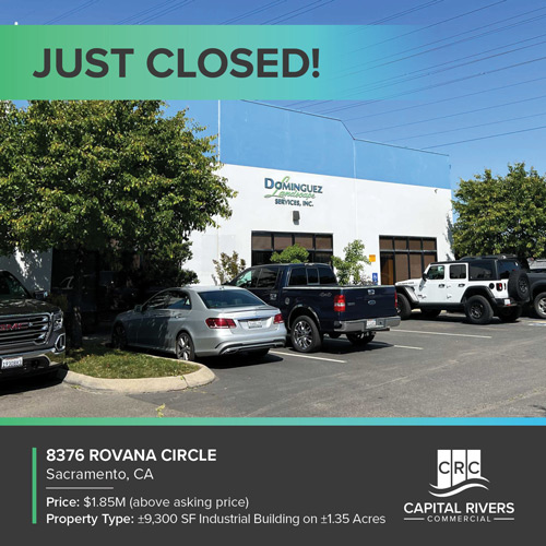 8376 Rovana Circle building in Sacramento, CA — a sprawling ±9,300 SF industrial property with two structures and a fenced, gated yard. This prime commercial real estate, ideal for warehousing and business expansion, has been successfully sold by Ryan Orn, Vice President of Brokerage at Capital Rivers, for an outstanding $1.85M.