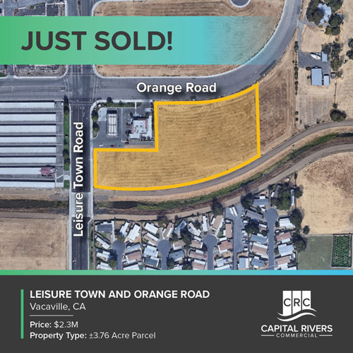 A promising ±3.76 acre land parcel at the SEQ of Leisure Town Road and Orange Road in Vacaville, CA. Perfectly positioned with fast I-80 access and surrounded by over 2,569 planned units, near major employers like Kaiser Hospital, Solano College, and Genentech. Ryan Orn, VP of Brokerage at Capital Rivers Commercial, effectively champions Sacramento's booming commercial real estate sector with this significant sale at $2.3m