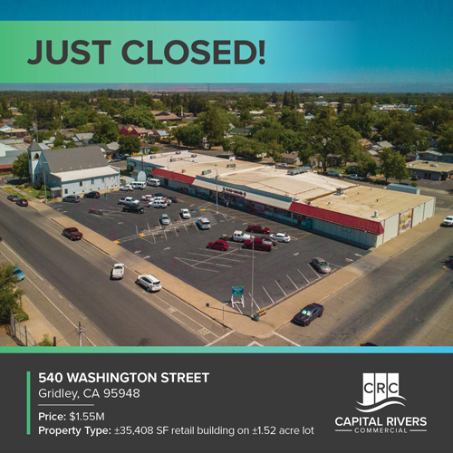 A milestone moment captured in this image of 540 Washington Street, Gridley, CA, recently sold by Juan Garcia and Ian Keane of Capital Rivers Commercial. The +35,408 SF building on a ±1.52 acre lot, once a cherished community grocery store, now enters a new chapter under the ownership represented by Matt Peterson of Associate Lending Partners. The future unfolds with plans to transform the property into a thriving neighborhood grocery store.