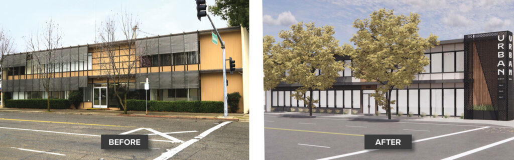 Witness the transformation of Urban East in Downtown Redding, CA, through this captivating before-and-after image showcasing the remarkable work by Capital Rivers Commercial - Haedrich Group. Experience the evolution of this iconic building against the backdrop of Redding's bustling cityscape.