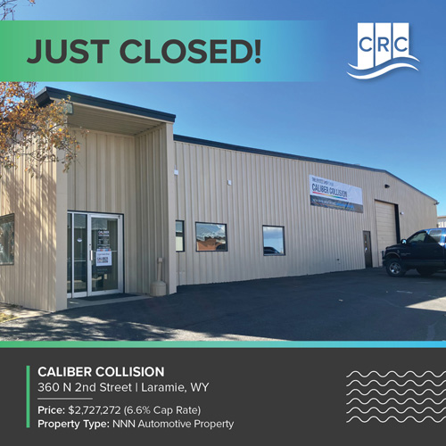 Exterior view of the recently closed Caliber Collision property at 360 N 2nd Street in Laramie, WY. The image showcases the commercial real estate with a final sale price of $2,727,272 and a 6.6% Cap Rate, marking a successful transaction. Special thanks to Caleb Morrison at illi Commercial Real Estate for representing the buyer.