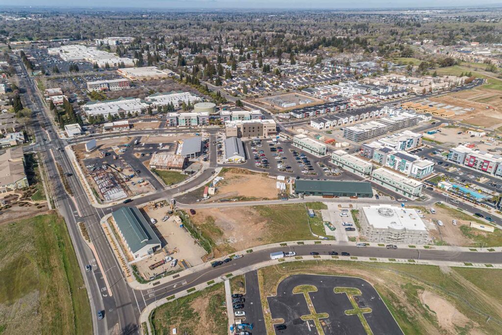 Aerial image showcasing Meriam Park, a major mixed-use development in Chico, CA, highlighting Chico CA’s growth and development managed by Capital Rivers Commercial Real Estate.