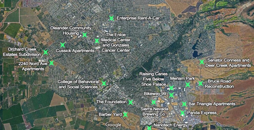 A detailed map showing Chico CA’s growth areas, including major development zones and key projects managed by Capital Rivers Commercial Real Estate, illustrating the city’s ongoing expansion and development efforts.