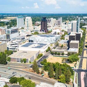 Image of downtown Sacramento with the Golden One Center.