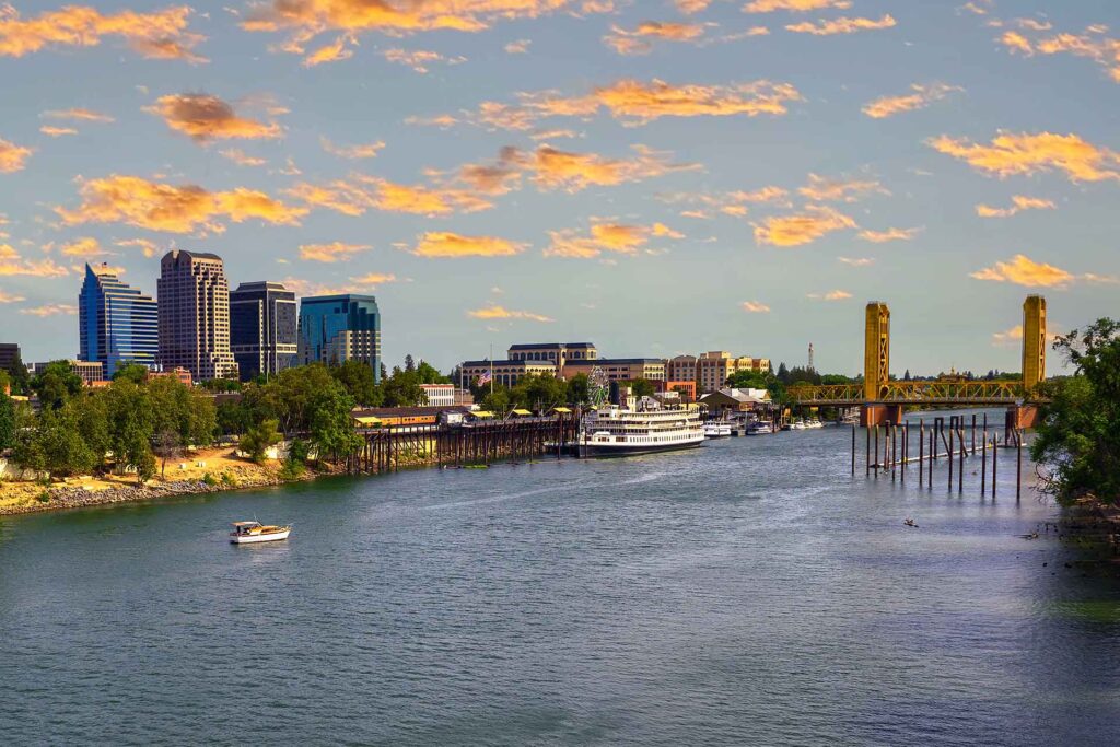 Images of Sacramento, CA skyline and river which continues to grow and attract new investment in commercial real estate.