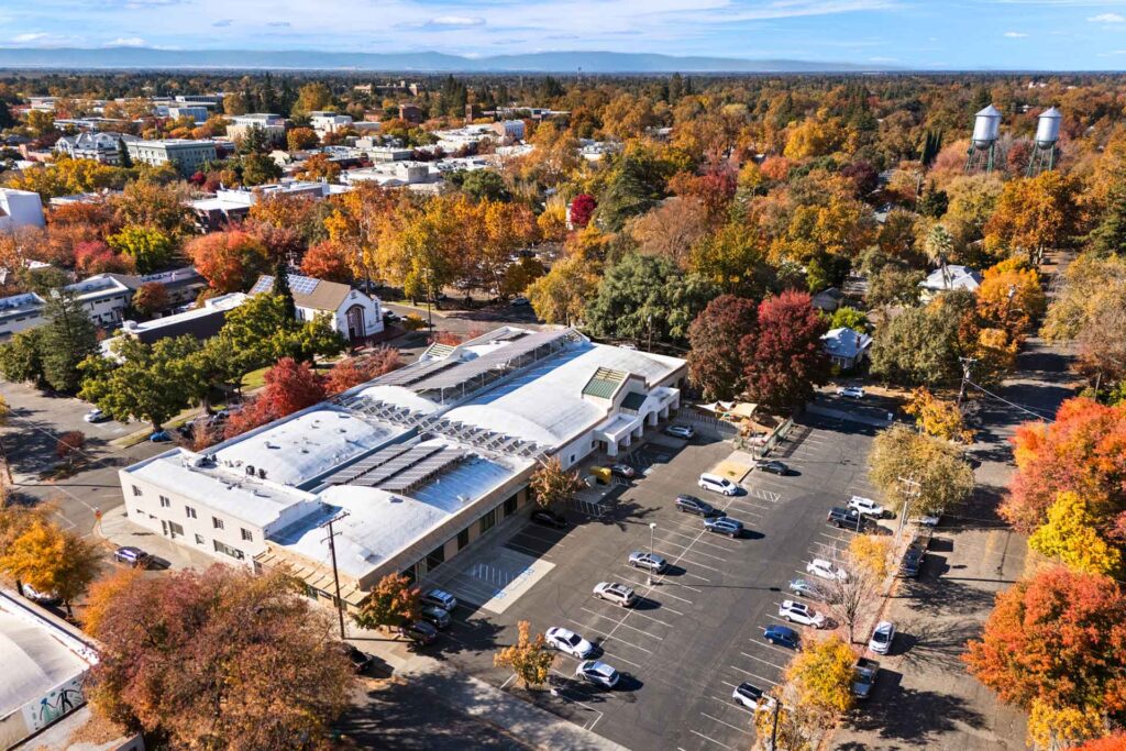 Aerial image of commercial real estate property to buy or lease in Chico, CA.