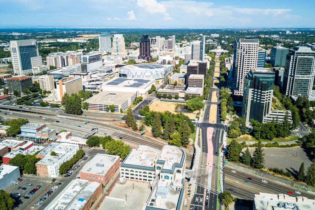 Aerial image of downtown Sacramento explaining key insights from the Sacramento Economic Forecast, covering challenges and opportunities shaping the region’s future.