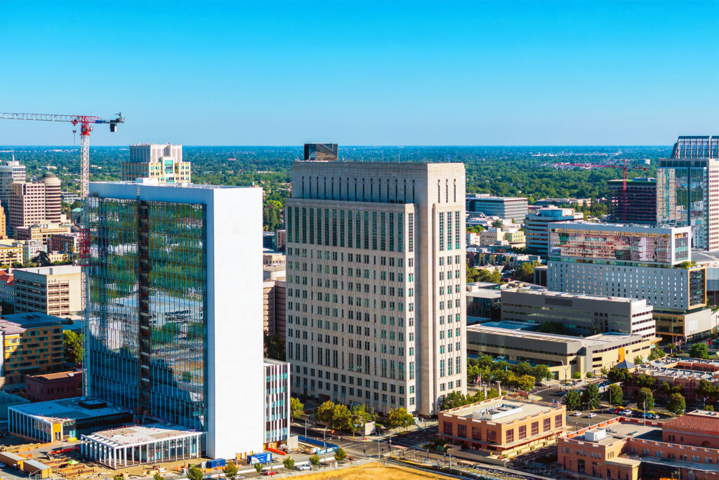 Bird's eye view of Downtown Sacramento commercial real estate