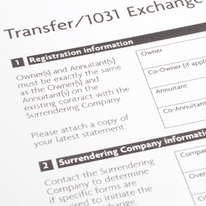 Image of a 1031 exchange tax form describing services for commercial real estate.