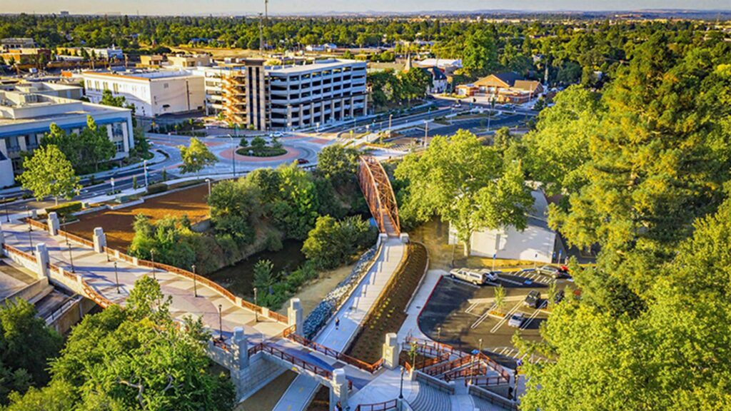 Downtown area with businesses in Roseville, CA