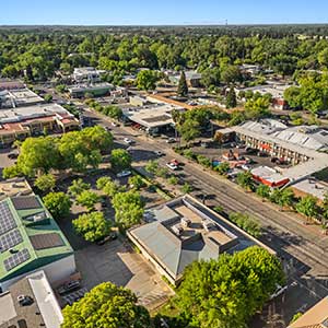 Aerial image of downtown Chico's commercial core, one of the proposed Chico entertainment zones.