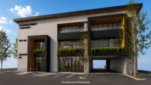 Architectural rendering of the planned renovation of a Downtown Redding office and retail building at 1700 Pine Street, featuring a modern exterior facade.