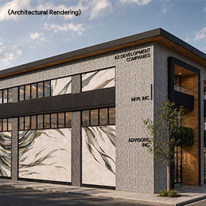 Architectural rendering of the planned renovation of a Downtown Redding office and retail building at 1700 Pine Street, featuring a modern facade, large windows, and updated exterior finishes.