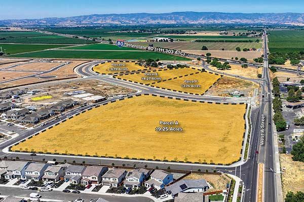 Aerial image of Dixon Orchards, a prime commercial real estate opportunity in Dixon, CA with ±23.50 acres of Community Commercial zoned land.