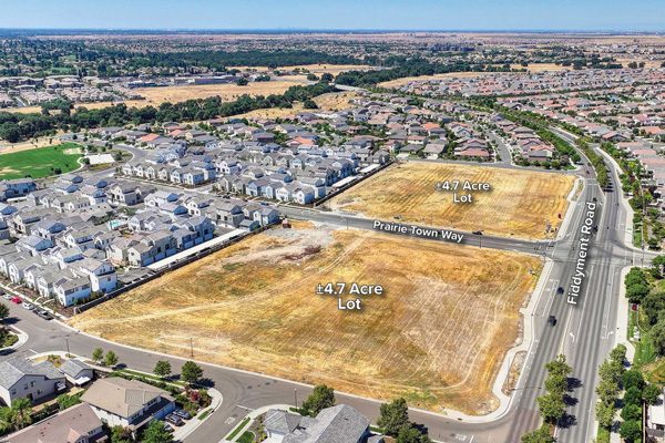 Aerial photo of up to ±9.4 Acres Development Land with two ±4.7 Acre Lots Available for Ground Lease, Build-to-Suit, or Sale at Fiddyment Ranch in Roseville, CA.